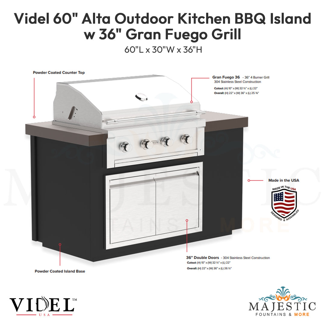 Videl 60 Alta Outdoor Kitchen BBQ Island w 36 Gran Fuego Grill - Majestic Fountains