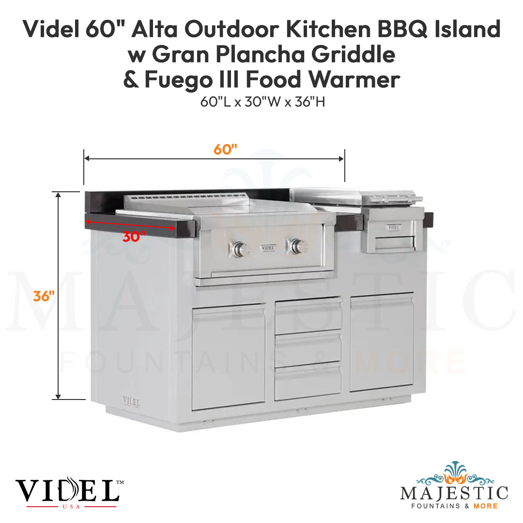 Videl 60 Alta Outdoor Kitchen BBQ Island w Gran Plancha Griddle & Fuego III Food Warmer - Majestic Fountains