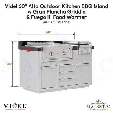 Videl 60 Alta Outdoor Kitchen BBQ Island w Gran Plancha Griddle & Fuego III Food Warmer - Majestic Fountains