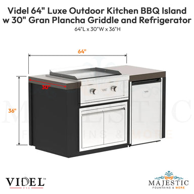 Videl 64 Luxe Outdoor Kitchen BBQ Island w 30 Gran Plancha Griddle and Refrigerator - Majestic Fountains