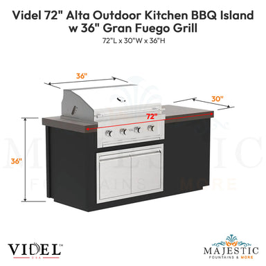 Videl 72 Alta Outdoor Kitchen BBQ Island w 36 Gran Fuego Grill - Majestic Fountains