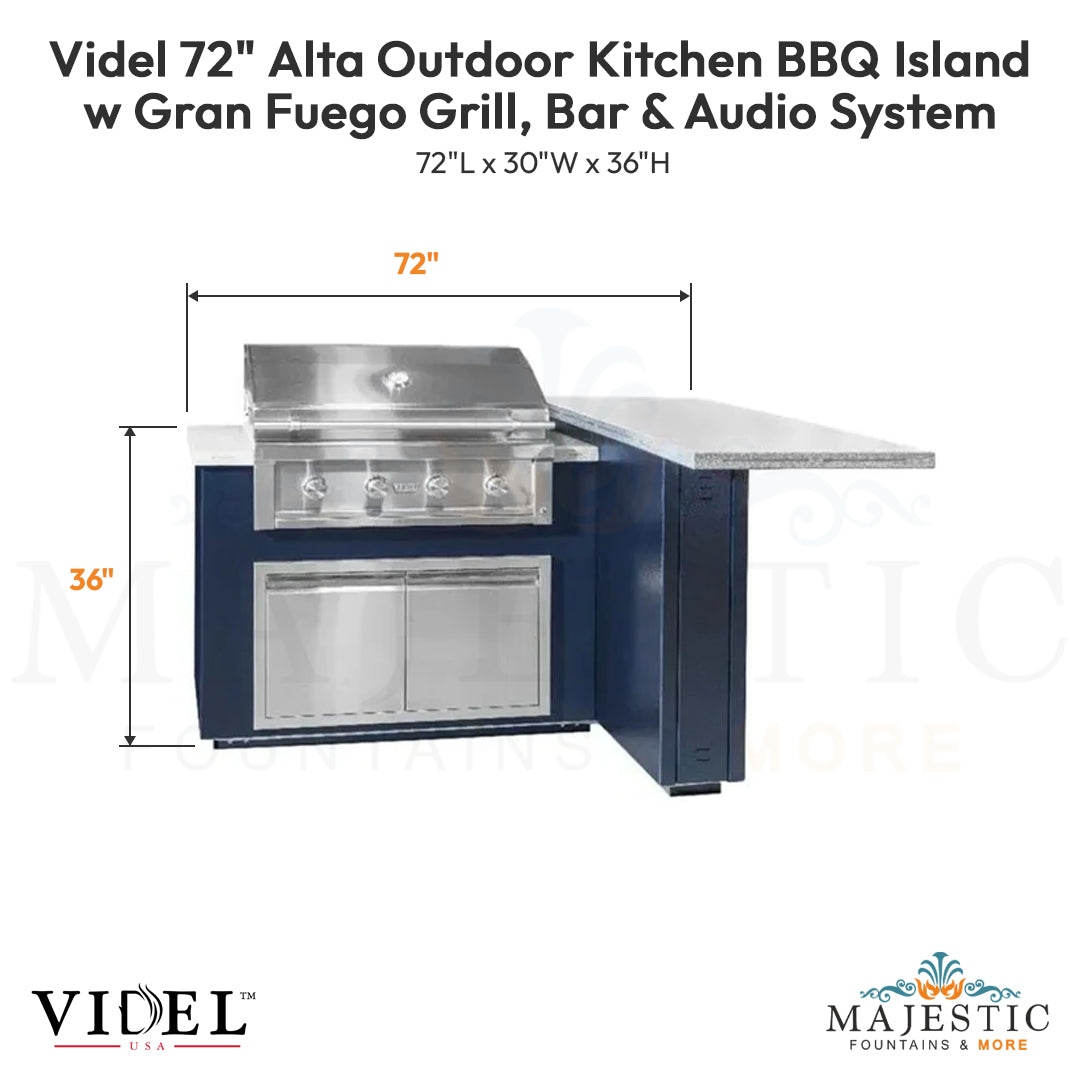 Videl 72 Alta Outdoor Kitchen BBQ Island w Gran Fuego Grill, Bar & Audio System - Majestic Fountains