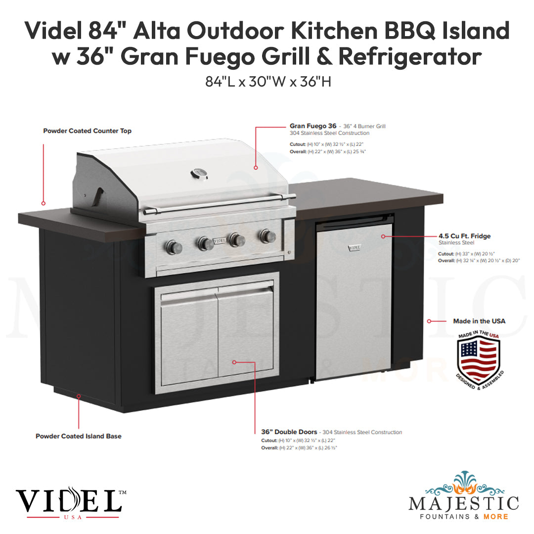 Videl 84 Alta Outdoor Kitchen BBQ Island w 36 Gran Fuego Grill & Refrigerator - Majestic Fountains