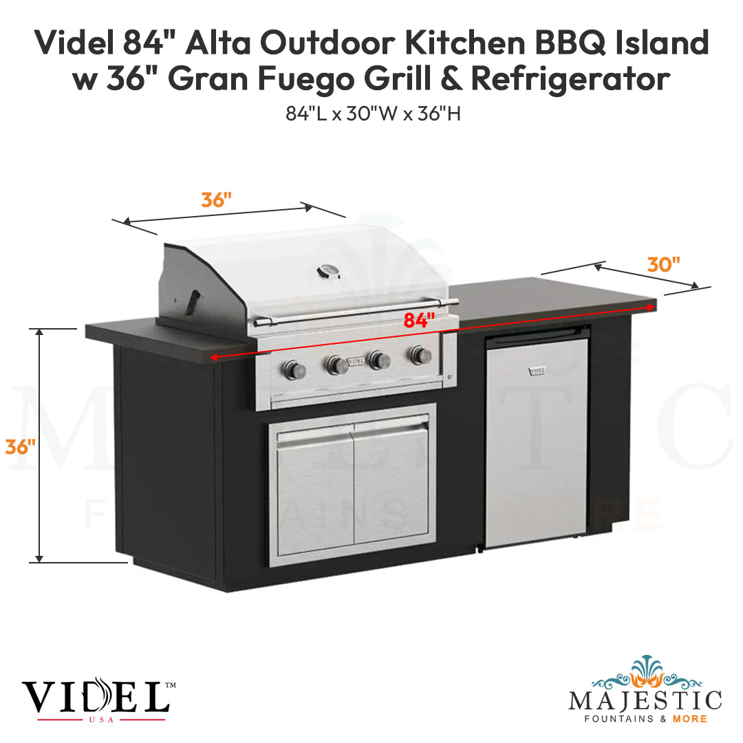 Videl 84 Alta Outdoor Kitchen BBQ Island w 36 Gran Fuego Grill & Refrigerator - Majestic Fountains