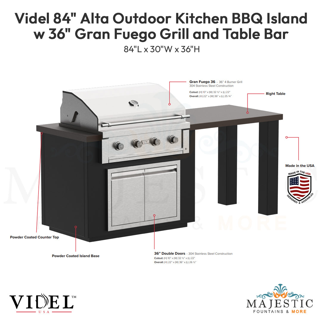 Videl 84 Alta Outdoor Kitchen Island w 36 Gran Fuego Grill and Table Bar - Majestic Fountains