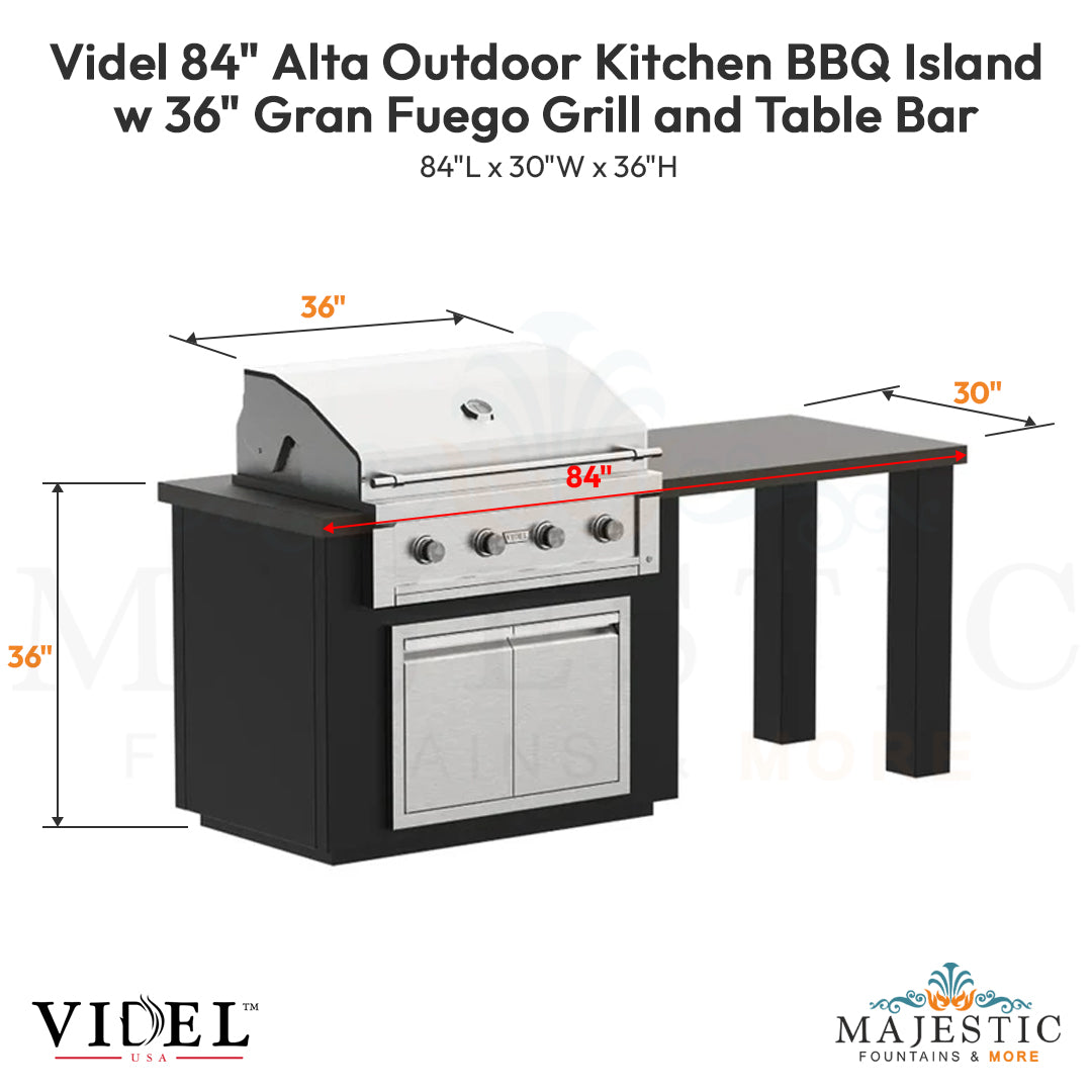 Videl 84 Alta Outdoor Kitchen Island w 36 Gran Fuego Grill and Table Bar - Majestic Fountains
