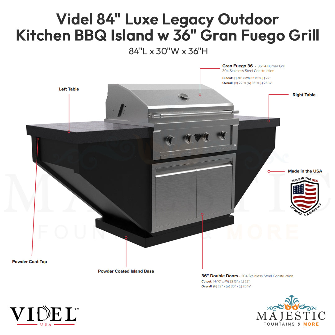 Videl 84 Luxe Legacy Outdoor Kitchen BBQ Island w 36 Gran Fuego Grill - Majestic Fountains