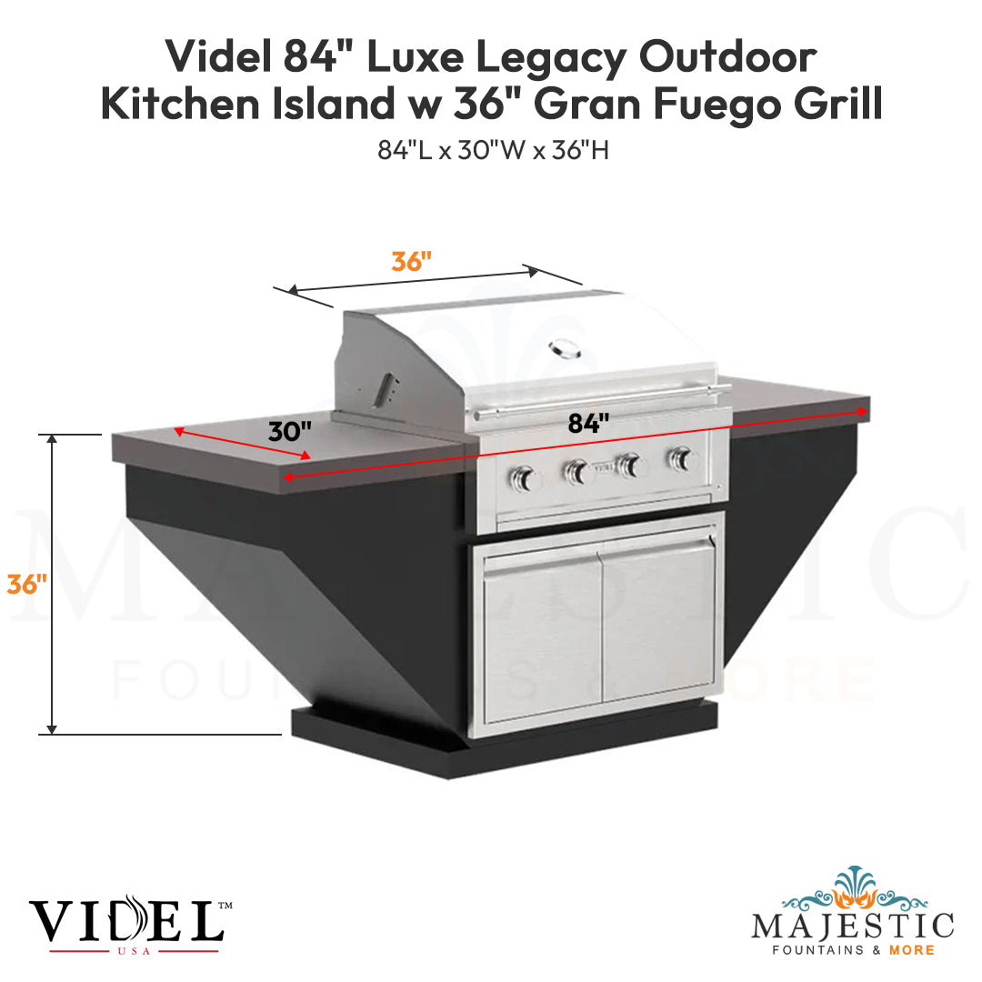 Videl 84 Luxe Legacy Outdoor Kitchen Island w 36 Gran Fuego Grill - Majestic Fountains