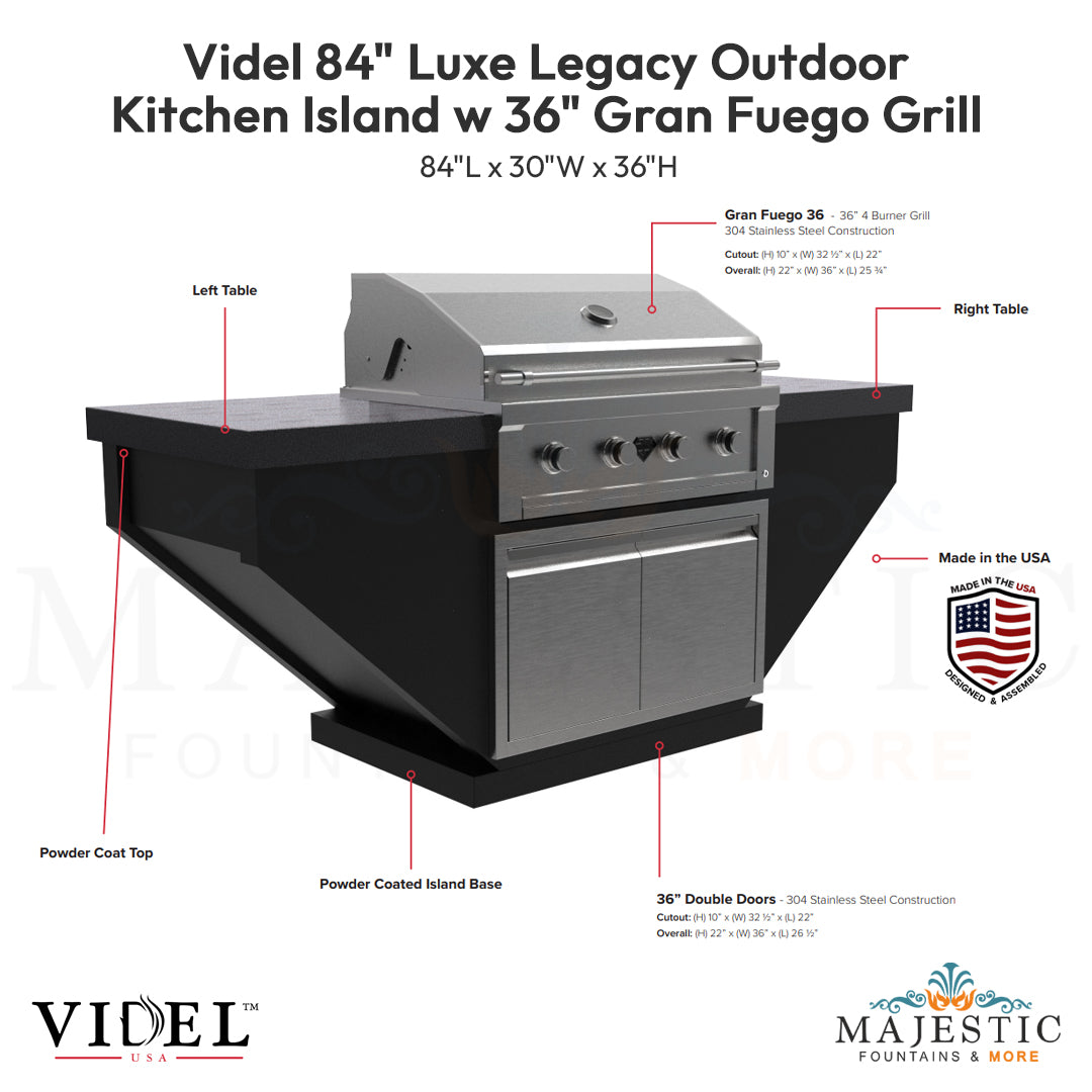 Videl 84 Luxe Legacy Outdoor Kitchen Island w 36 Gran Fuego Grill - Majestic Fountains