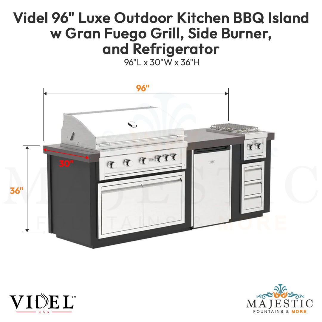Videl 96 Luxe Outdoor Kitchen BBQ Island w Gran Fuego Grill, Side Burner, and Refrigerator - Majestic Fountains
