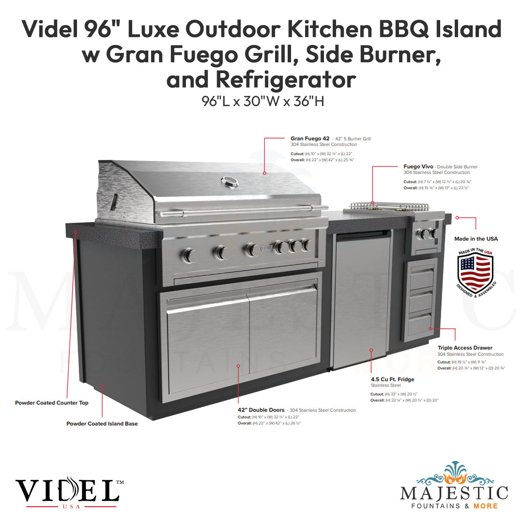 Videl 96 Luxe Outdoor Kitchen BBQ Island w Gran Fuego Grill, Side Burner, and Refrigerator - Majestic Fountains