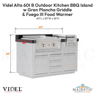 Videl Alta 60I B Outdoor Kitchen BBQ Island w Gran Plancha Griddle & Fuego III Food Warmer - Majestic Fountains