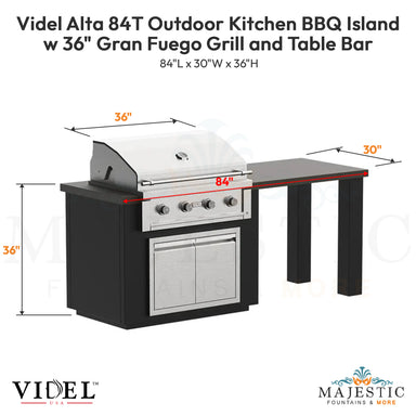 Videl Alta 84T Outdoor Kitchen Island w 36 Gran Fuego Grill and Table Bar - Majestic Fountains