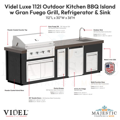 Videl Luxe 112I Outdoor Kitchen BBQ Island w Gran Fuego Grill, Refrigerator & Sink  - Majestic Fountains