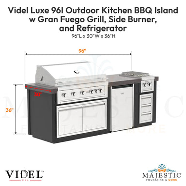 Videl Luxe 96I Outdoor Kitchen BBQ Island w Gran Fuego Grill, Side Burner, and Refrigerator  - Majestic Fountains