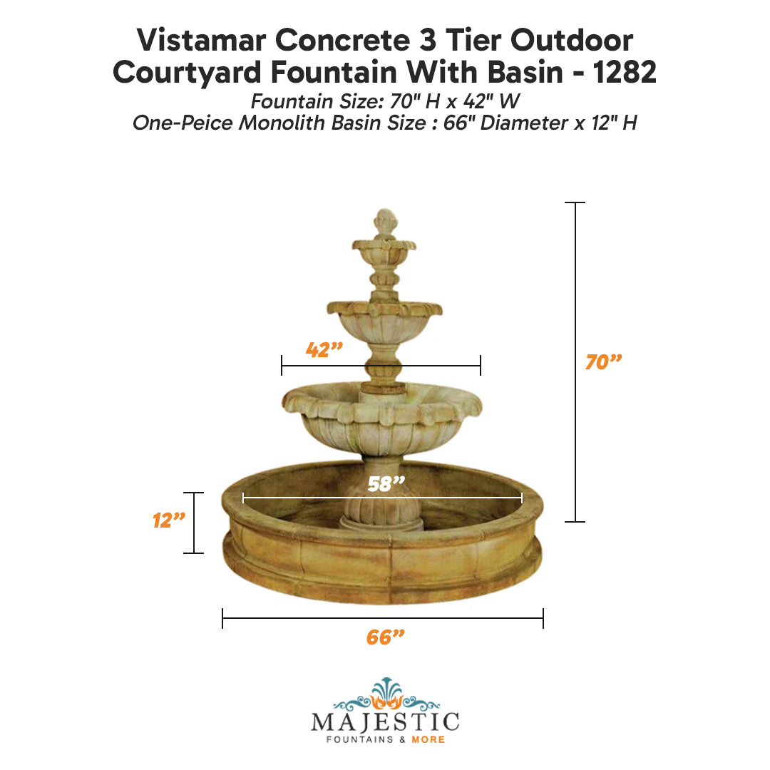 Vistamar Concrete 3 Tier Outdoor Courtyard Fountain With Basin - 1282 - Majestic Fountains