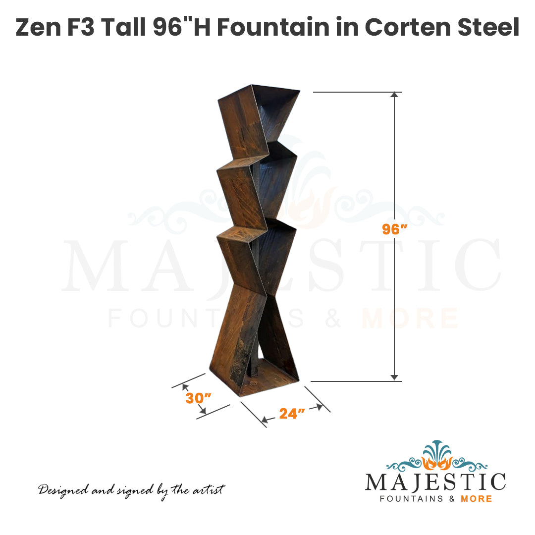 Zen F3 Tall 96H Fountain in Corten Steel  - Majestic Fountains and More