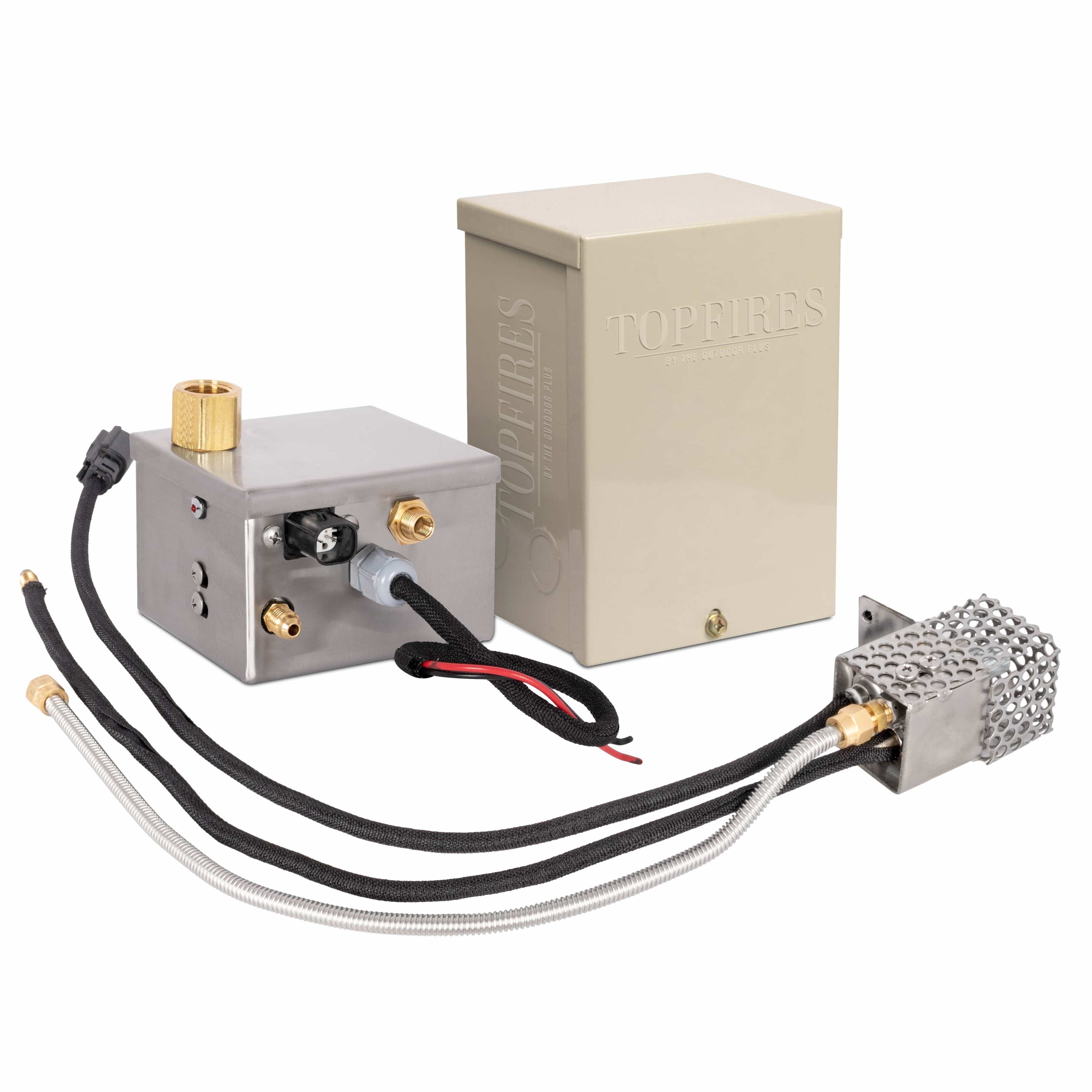 TOP Fires Square Flat Pan & Brass Bullet Burner With Electronic Ignition Kit by The Outdoor Plus - Majestic Fountains