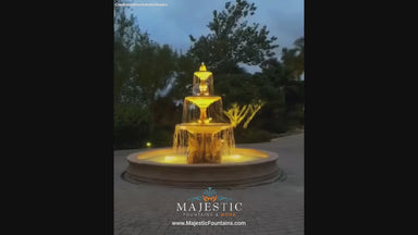 Fiore Stone Four Seasons 3-Tier Fountain with lion Pedestals 2134-FL w Bracci Basin in Cast Stone - Majestic Fountains