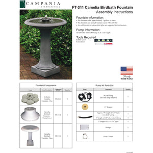 Camellia Birdbath Fountain in Cast Stone by Campania International FT-311 - Majestic Fountains