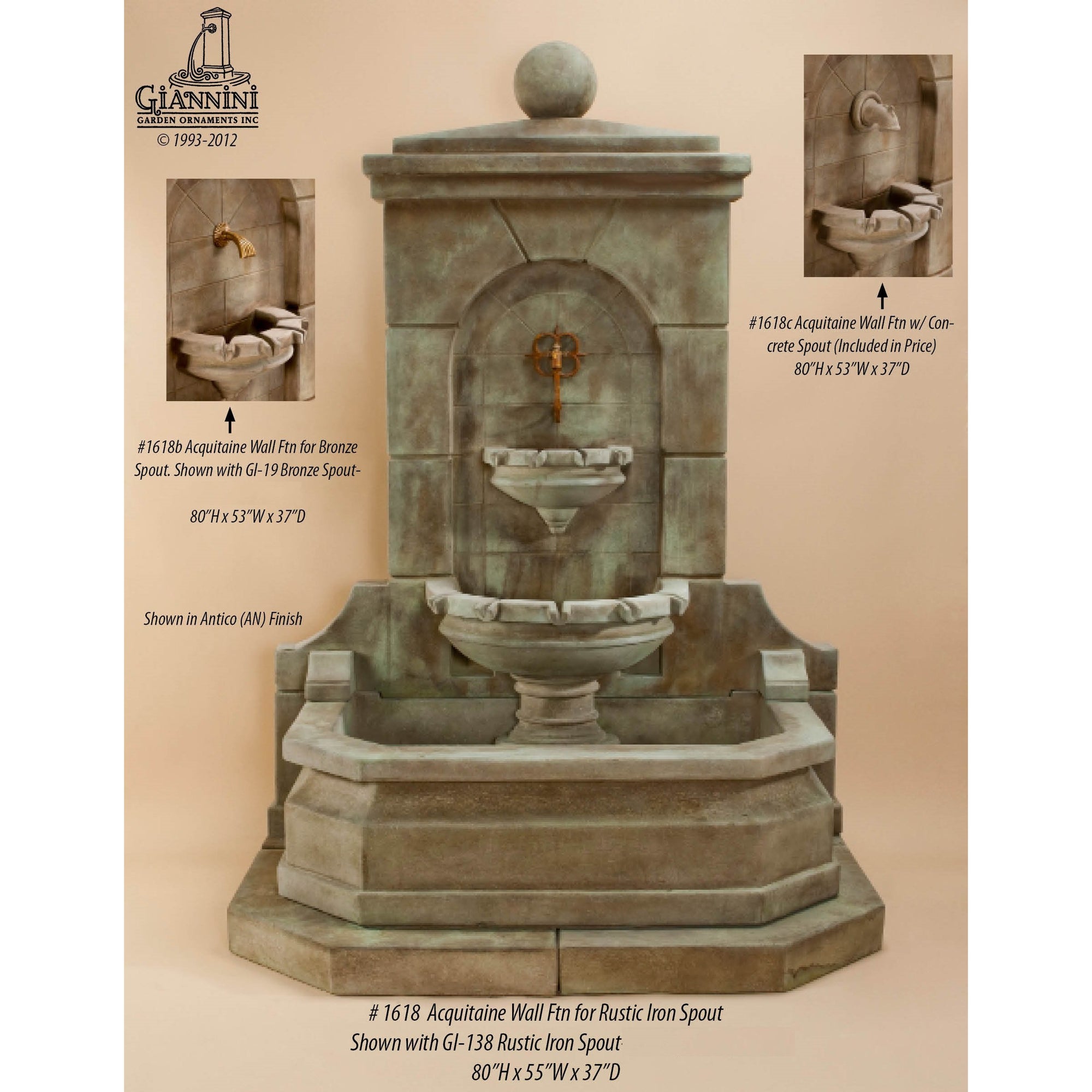 Acquitaine Concrete Outdoor Wall Fountain - With choice of Rustic Iron, Bronze or Concrete Spout - Majestic Fountains