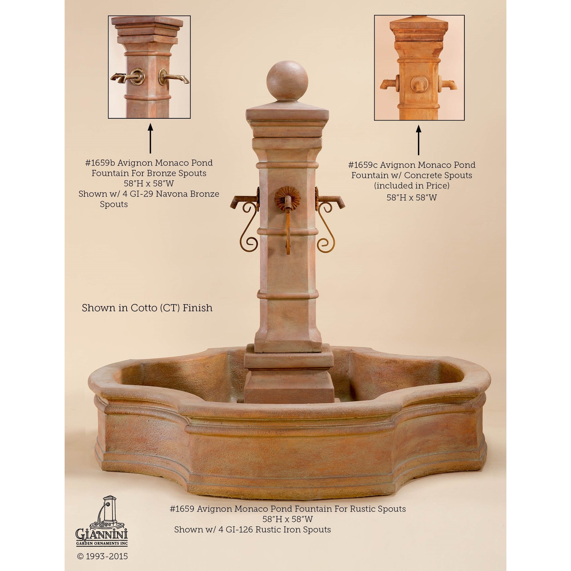 Avignon Monaco Cast Stone Outdoor Courtyard Fountain with Pond Kit - Fountain, Pond, Pump and choice of Rustic Iron Concrete or Bronze Spouts - Majestic Fountains