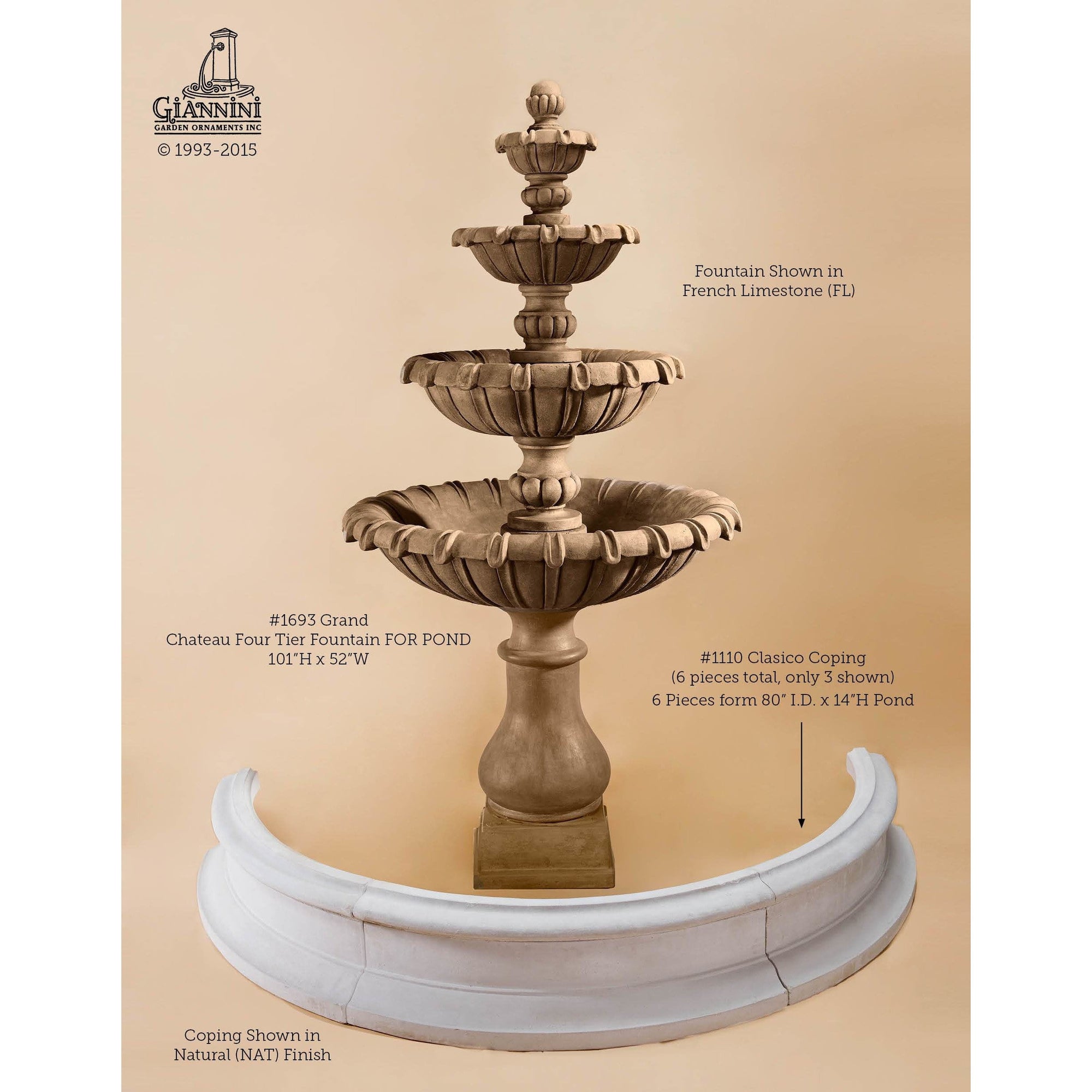 Giannini Garden Grand Chateau Concrete 4 Tier with Basin - Outdoor Courtyard Fountain- 1693 - Majestic Fountains