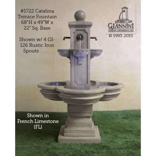 Catalina Concrete Terrace Outdoor Garden Fountain - with Rustic Iron Spouts - Majestic Fountains