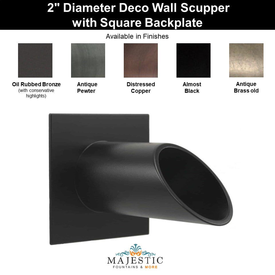 Deco Wall Scupper with Square Backplate – 2.0" - Majestic Fountains