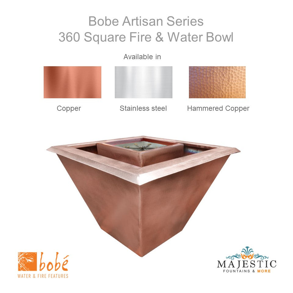 Bobe Artisan Series 360° Seamless Lip Square Water and Fire Bowl - Manual Ignition - Majestic Fountains