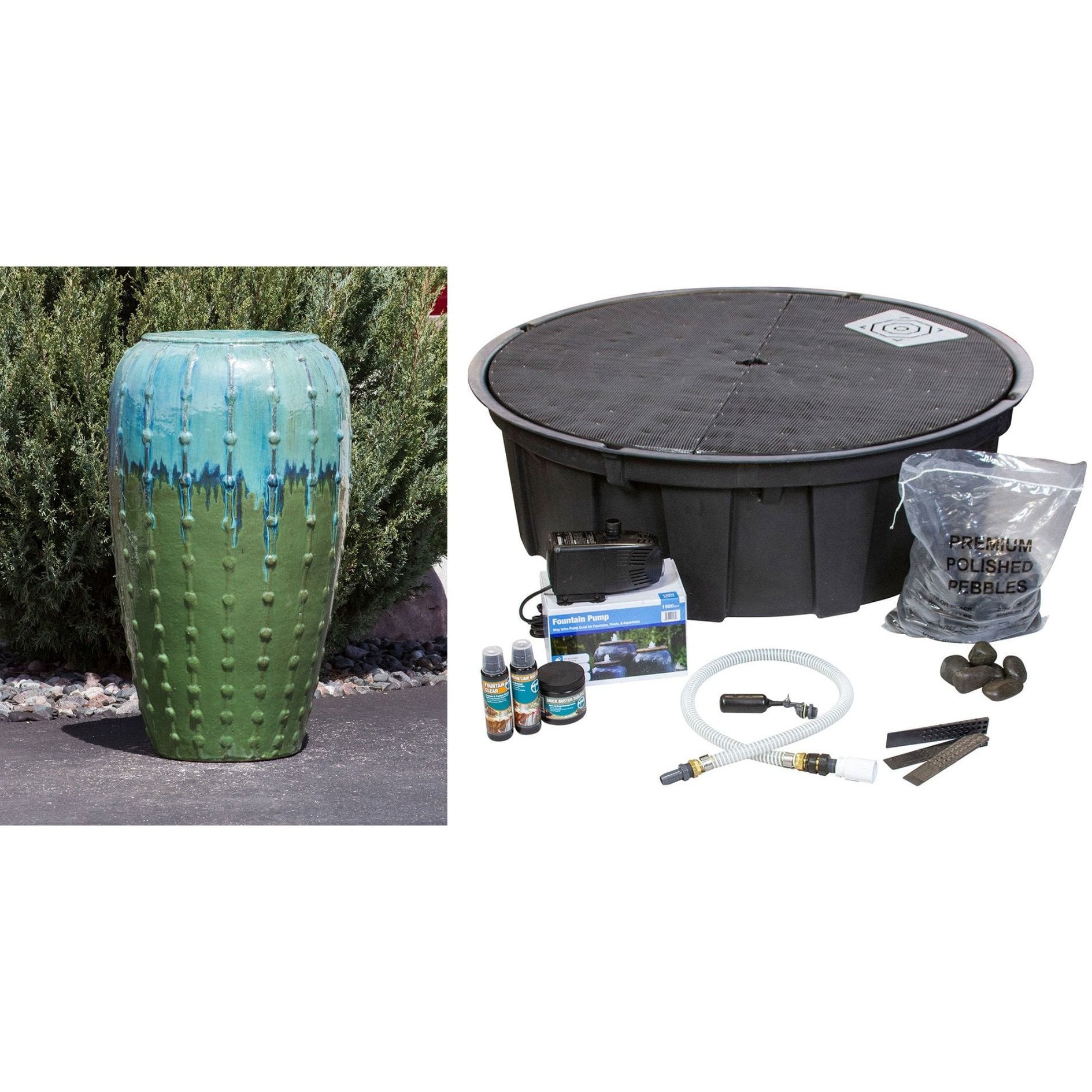 Saguaro BlueGreen Large Vase - Closed Top Single Vase Complete Fountain Kit - 3 ft Tall - Majestic Fountains