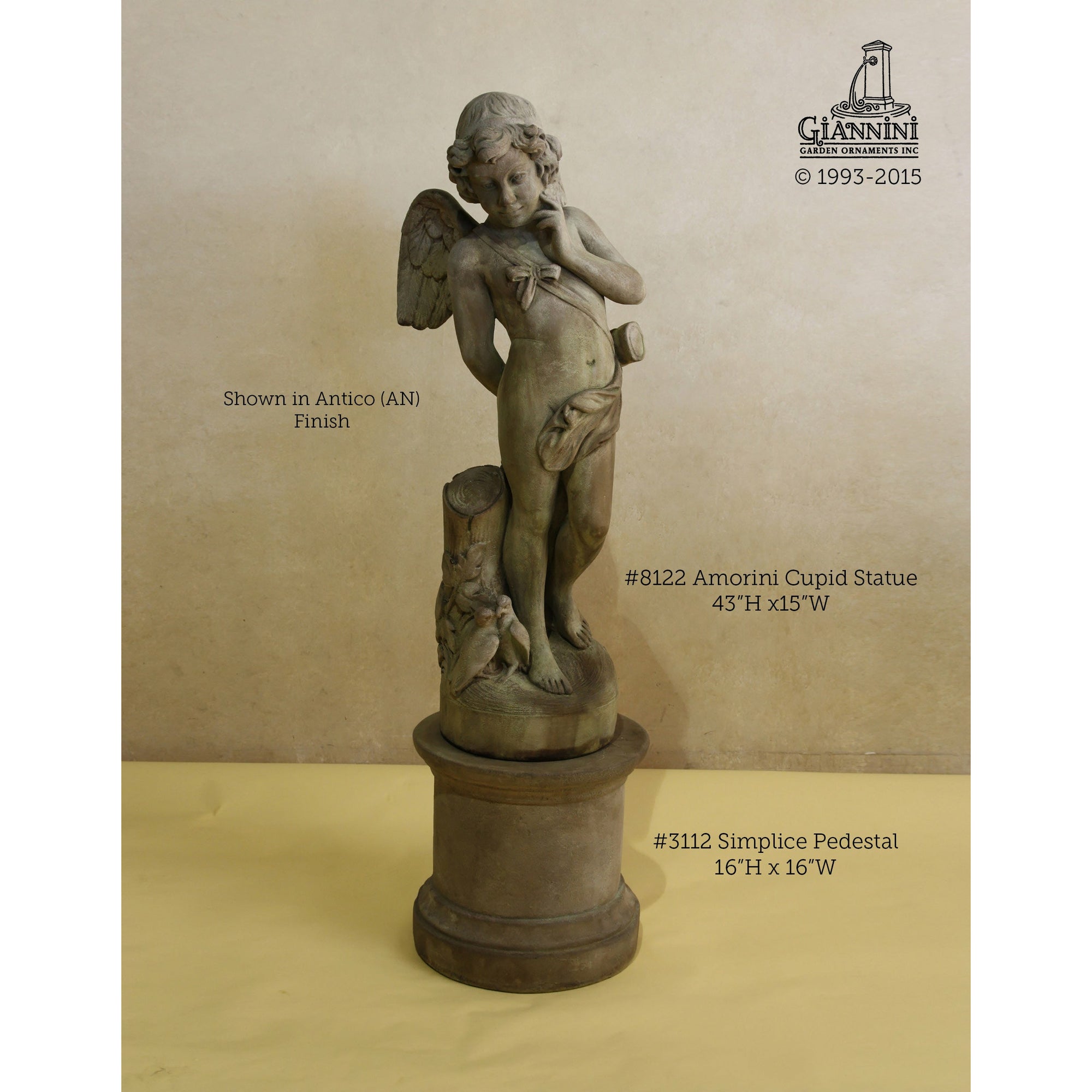 Giannini Garden Amorini Cupid Statue 8122 - With Simplice Pedestal - 3112 - Majestic Fountains