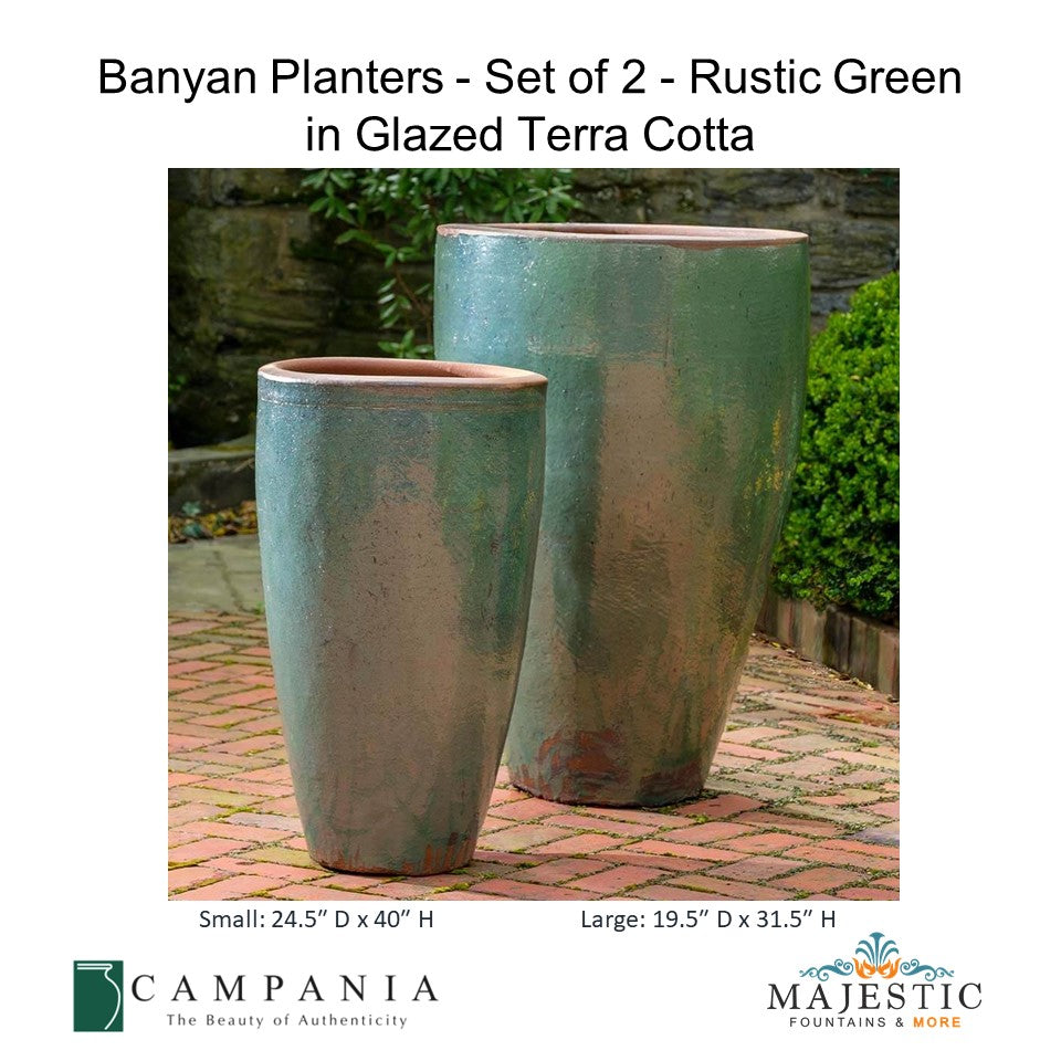 Banyan Planters - Set of 2 in Glazed Terra Cotta By Campania - Rustic Green - Majestic Fountains and More