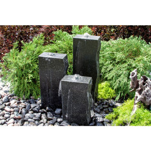 Black Granite Fountain - Triple stone column Fountain Kit - 3 sides smooth - Choose from  multiple sizes - Majestic Fountains