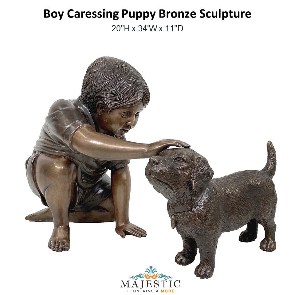 Boy Caressing Puppy Bronze Sculpture - Majestic Fountains and More