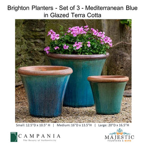 Brighton Planters - Set of 3 - Mediterranean Blue in Glazed Terra Cotta By Campania - Majestic Fountains and More