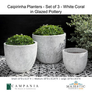 Caipirinha Planters - Set of 3 White Coral in Glazed Pottery By Campania - Majestic fountains and More