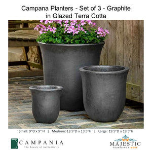 Campana Planters - Set of 3 Graphite in Glazed Terra Cotta By Campania - Majestic fountains and More