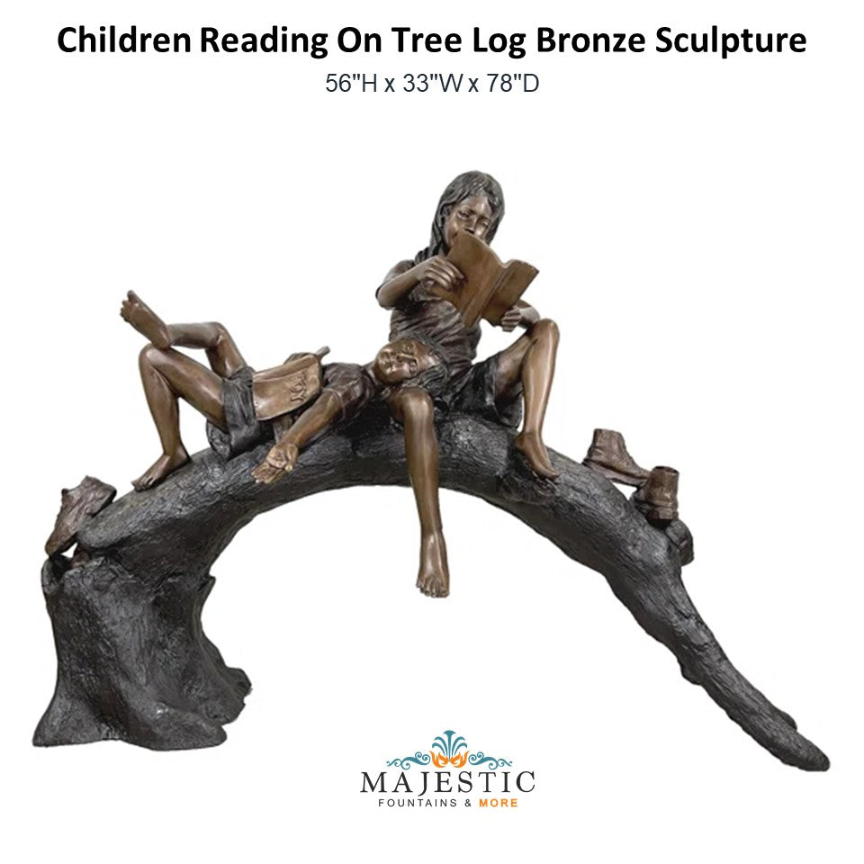 Children Reading On Tree log Bronze Sculpture - Majestic Fountains and More