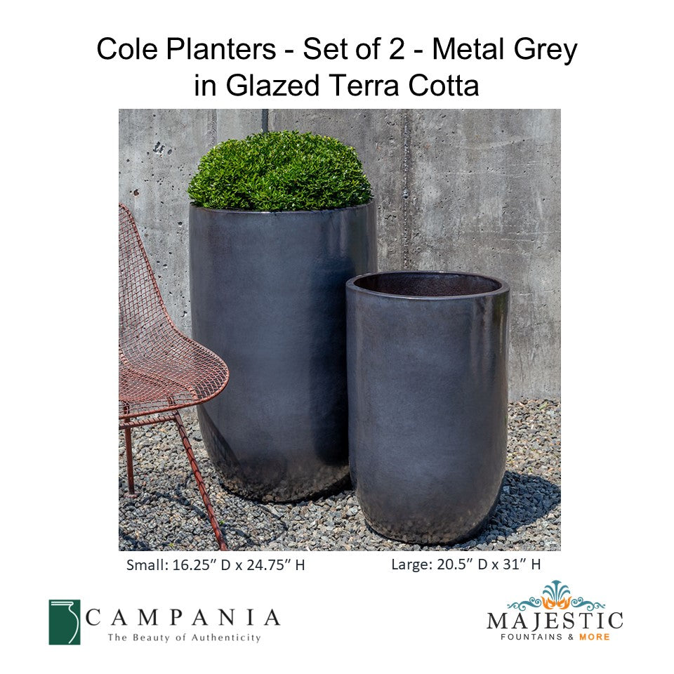 Cole Planters - Set of 2 - Cerulean Blue in Glazed Terra Cotta By Campania - Majestic fountains and More