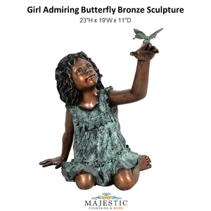 Girl Admiring Butterfly Bronze Sculpture - Majestic Fountains and More