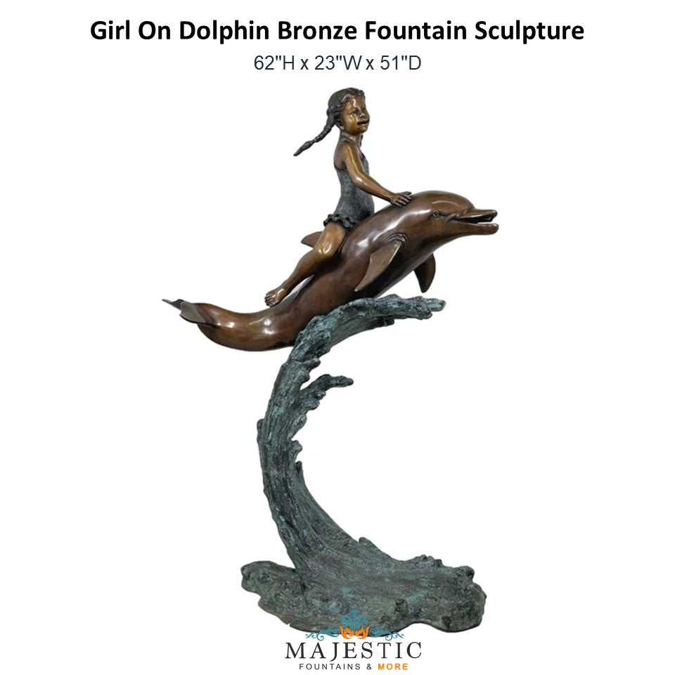 Girl On Dolphin Bronze Fountain Sculpture - Majestic Fountains and More
