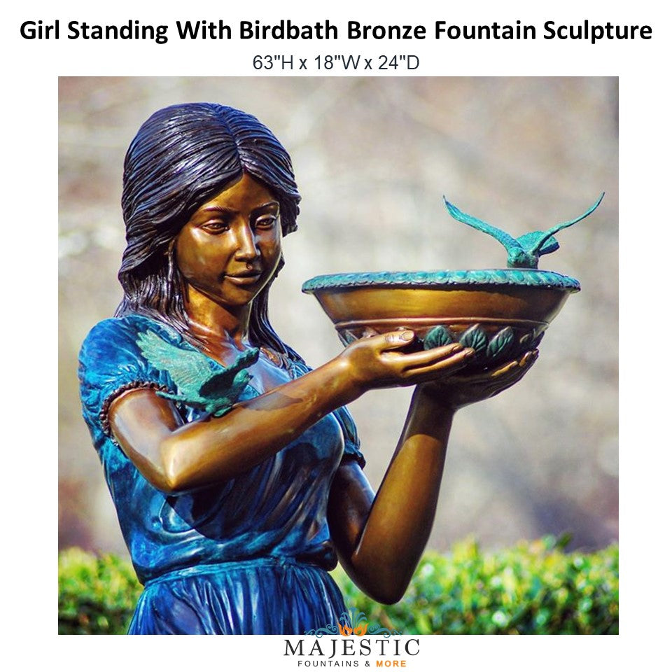 Girl Standing With Birdbath Bronze Fountain Sculpture - Majestic Fountains and More