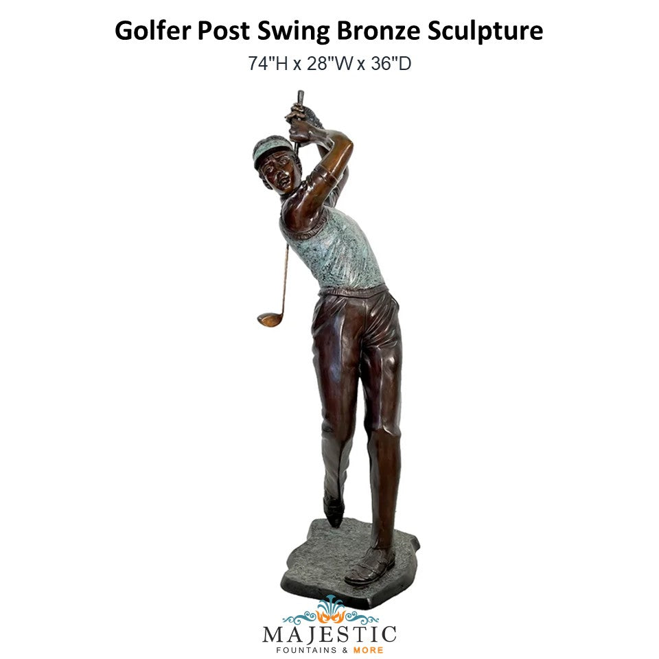 Golfer Post Swing Bronze Sculpture - Majestic Fountains and More