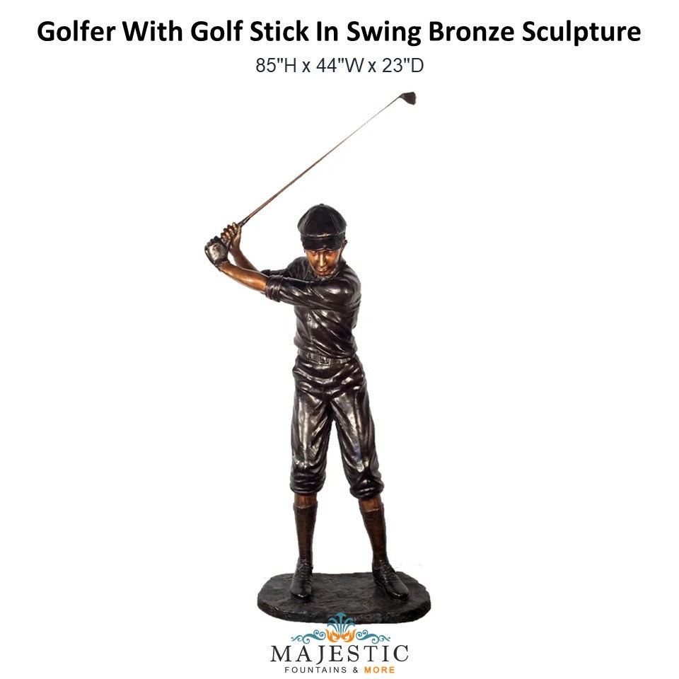 Golfer with Golf Stick In Swing Bronze Sculpture - Majestic Fountains and More