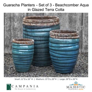 Guaracha Planters - Set of 3 - Beachcomber Aqua  in Glazed Terra Cotta By Campania - Majestic fountains and More