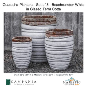 Guaracha Planters - Set of 3 - Beachcomber White  in Glazed Terra Cotta By Campania - Majestic fountains and More