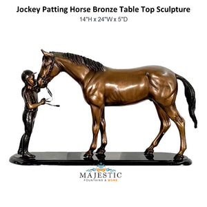 Jockey Patting Horse Bronze Table Top Sculpture - Majestic Fountains and More