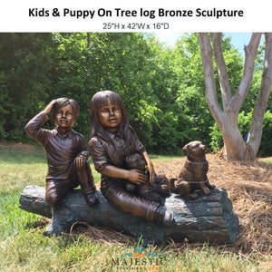Kids & Puppy On Tree log Bronze Sculpture - Majestic Fountains and More