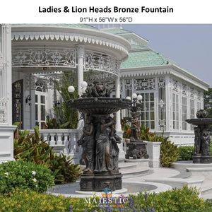 Ladies & Lion Heads Bronze Fountain - Majestic Fountains and More.
